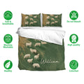 Sheep duvet cover bedding set displayed with matching pillowcases in a green and tan pastoral design