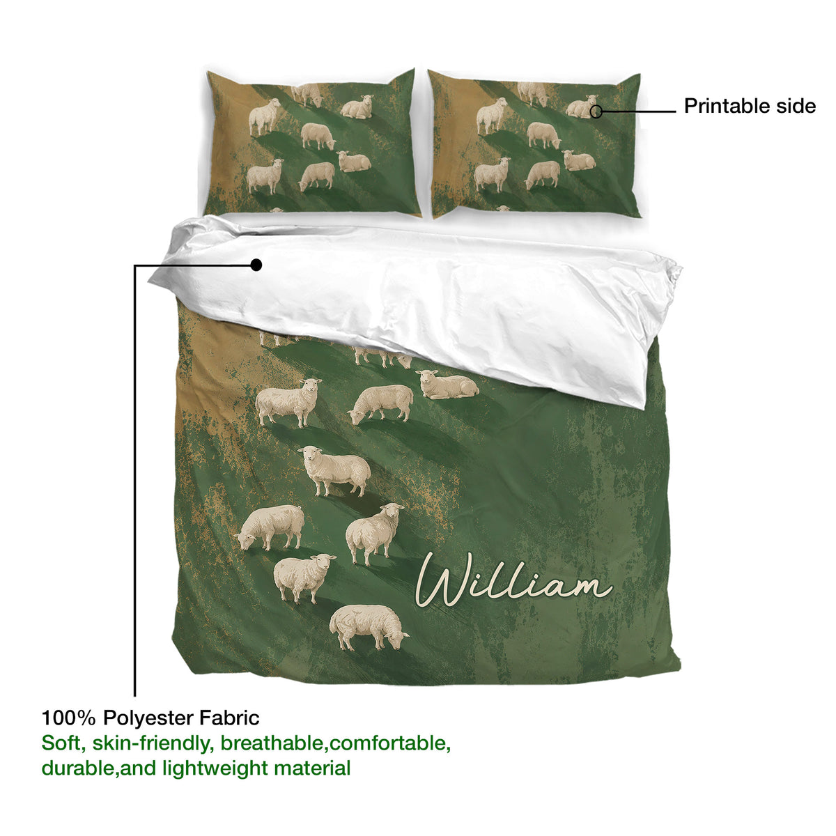Sheep duvet cover set detail showing the printed surface, matching pillowcases, and textured pastoral artwork