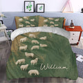 Sheep patterned duvet cover bedding set styled in a farmhouse bedroom with green and tan decor
