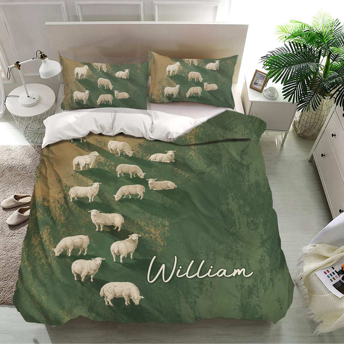 Green sheep duvet cover set presented in a bright bedroom with matching pillows and rustic animal artwork
