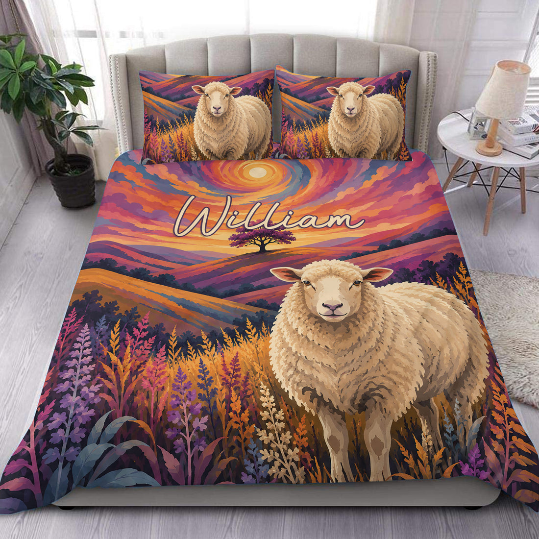 Sheep duvet cover set displayed on a bed with colorful mountain scenery, wildflowers, and a sunset design