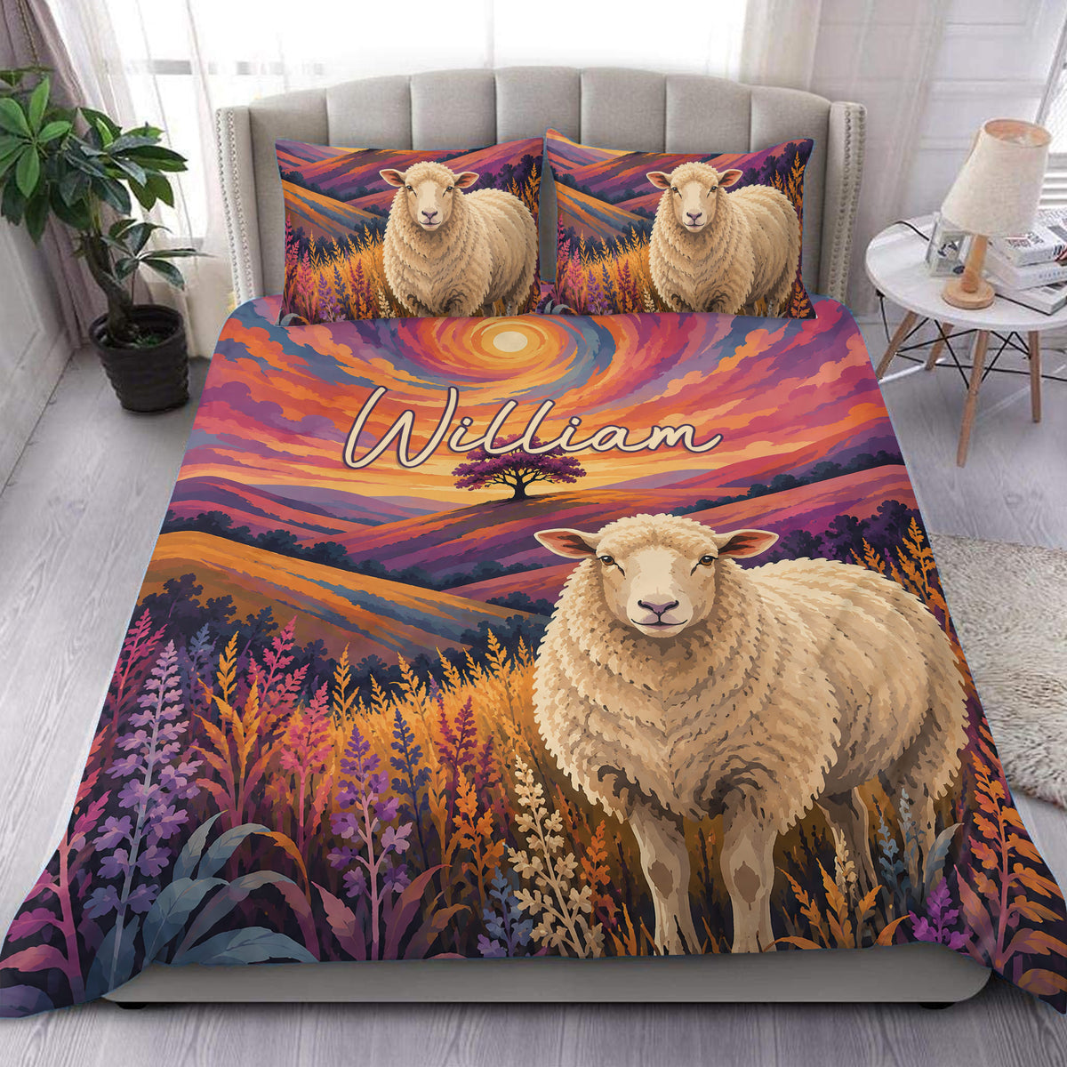 Sheep duvet cover set displayed on a bed with colorful mountain scenery, wildflowers, and a sunset design