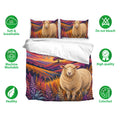 Sheep bedding set shown with matching pillowcases, vibrant floral artwork, and soft breathable fabric icons