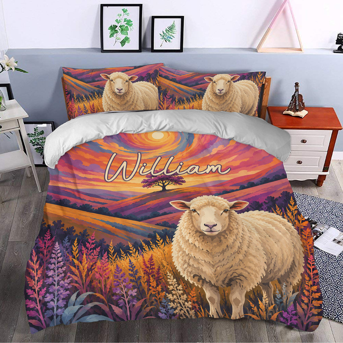 Sheep duvet cover set styled in a bedroom with vivid sunset hills, wildflowers, and pastoral artwork