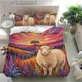 Sheep bedding set presented in a bright bedroom with matching pillowcases and colorful landscape artwork