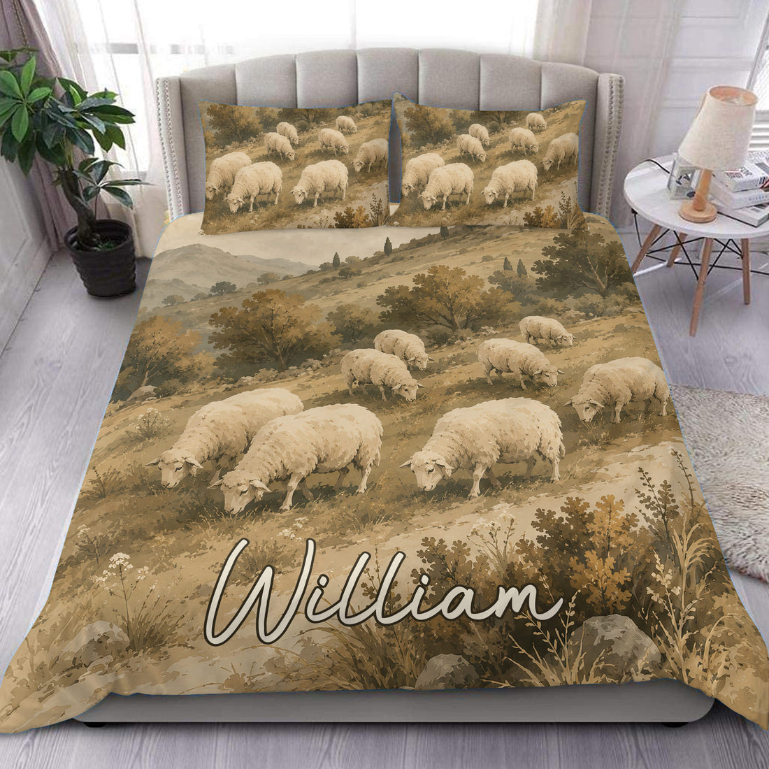 Custom sheep duvet cover bedding set displayed on a modern bed with matching pastoral pillowcases