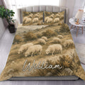 Custom sheep duvet cover bedding set displayed on a modern bed with matching pastoral pillowcases