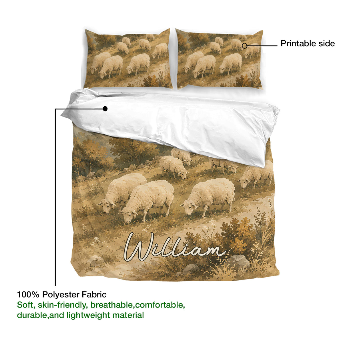 Sheep duvet cover bedding set detail showing the printed side and lightweight polyester fabric