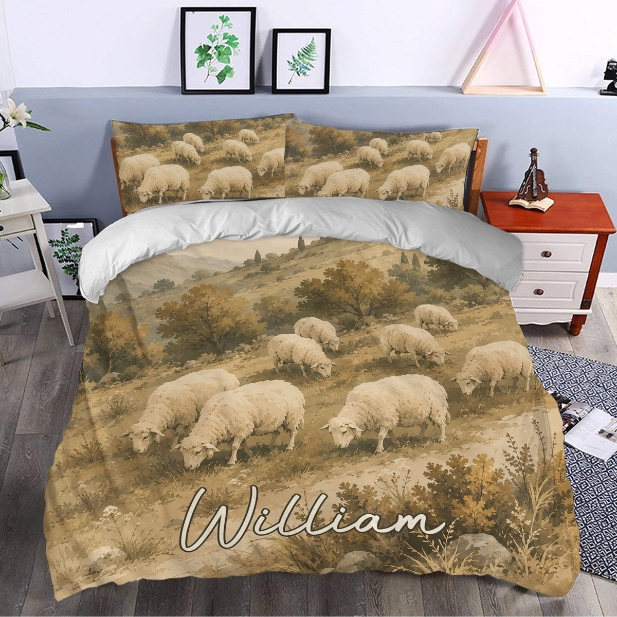 Sheep patterned duvet cover bedding set styled in a bedroom with warm farmhouse decor