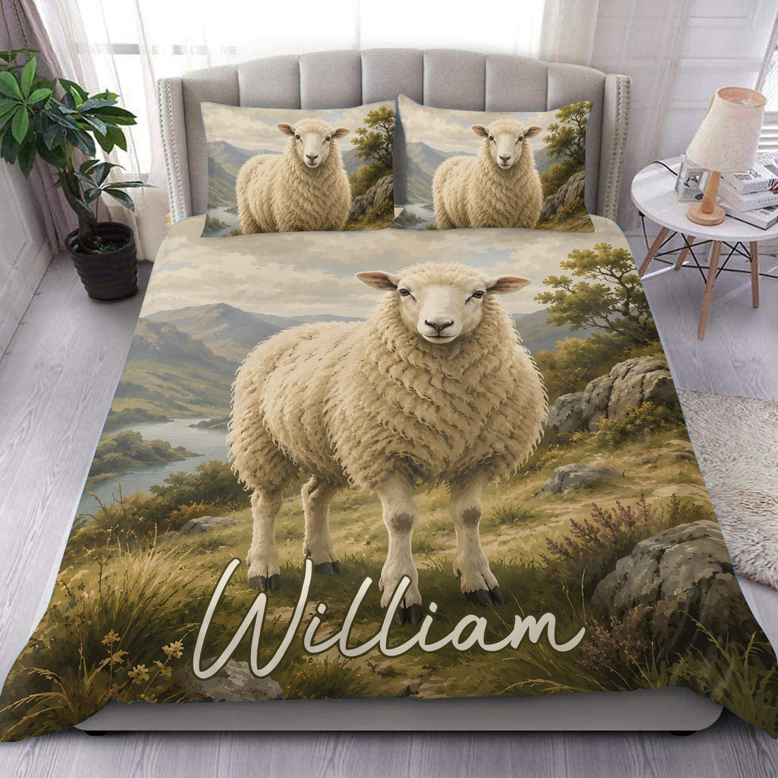 Sheep duvet cover set displayed on a bed with a mountain lake landscape and rustic countryside artwork