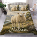Sheep duvet cover set displayed on a bed with a mountain lake landscape and rustic countryside artwork