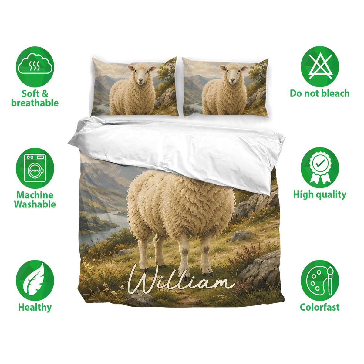 Sheep duvet cover bedding set shown with matching pillowcases and soft breathable bedding features