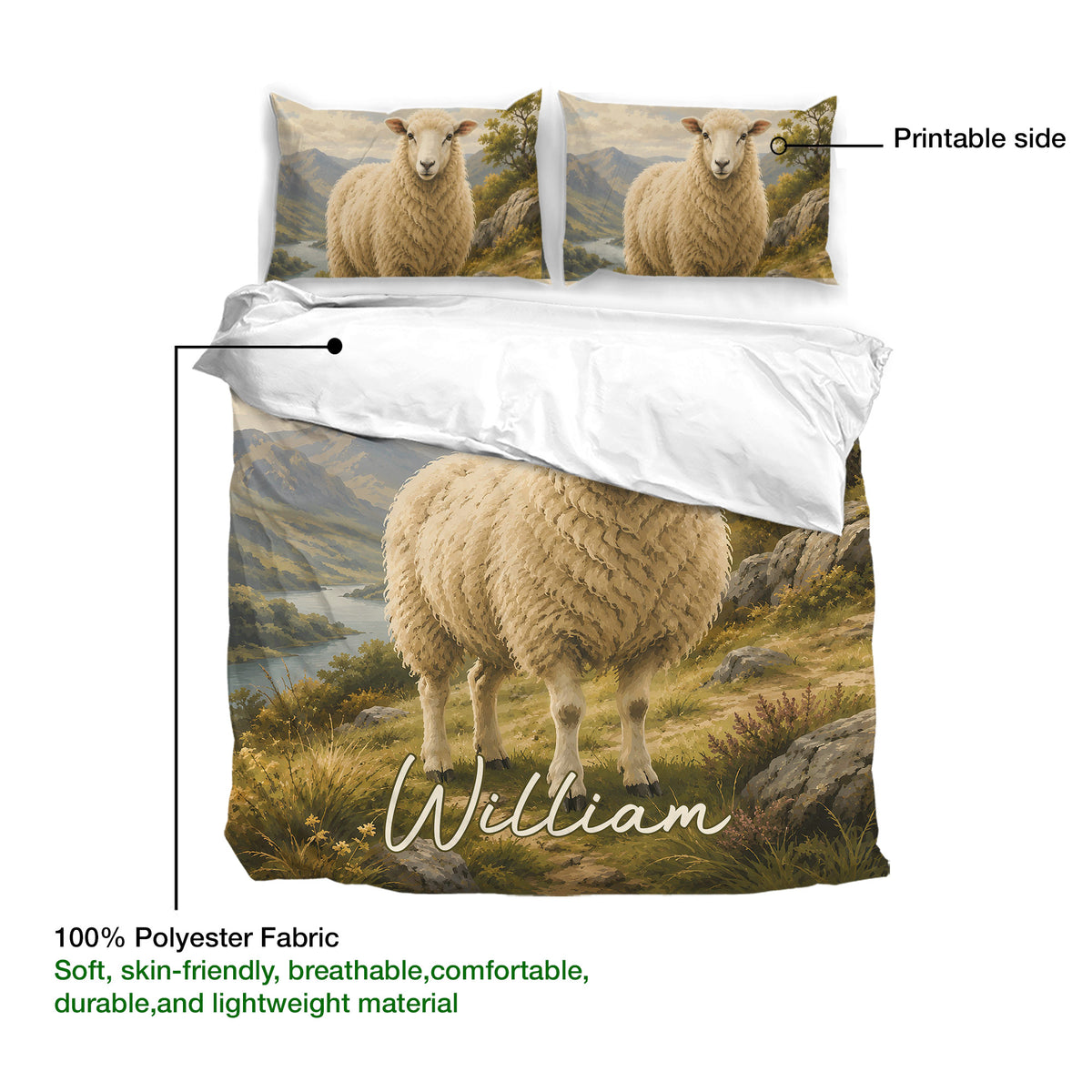 Sheep bedding set detail showing the printed side, mountain scenery, and lightweight polyester fabric
