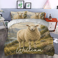 Rustic sheep duvet cover set styled in a bedroom with matching pillows and scenic countryside artwork