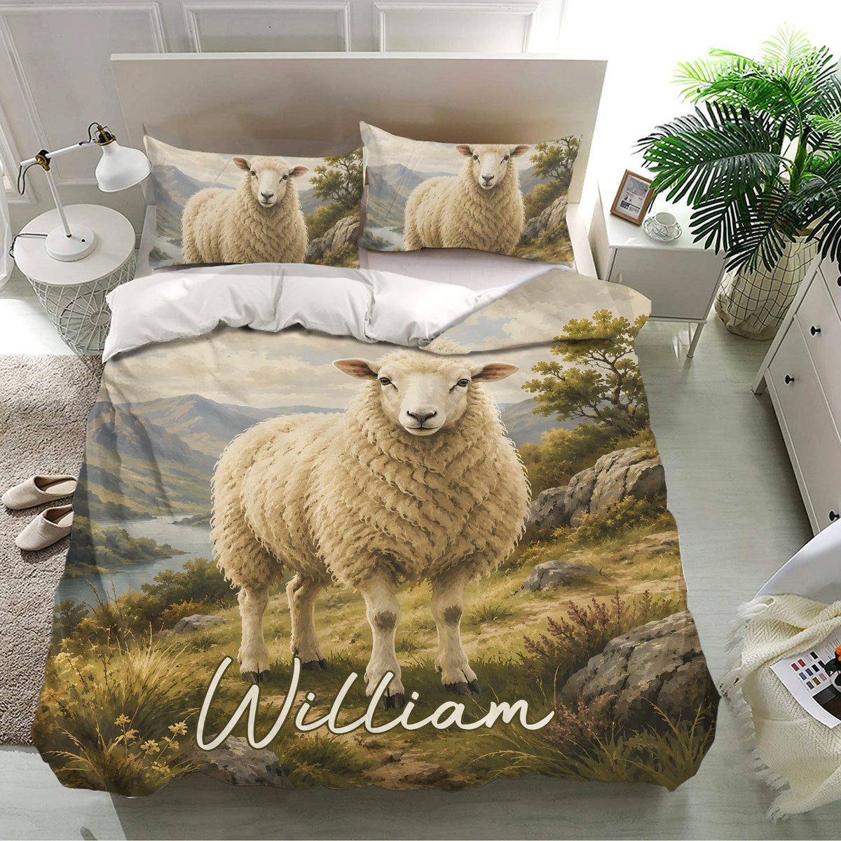 Sheep duvet cover bedding set presented in a bright bedroom with mountain landscape artwork