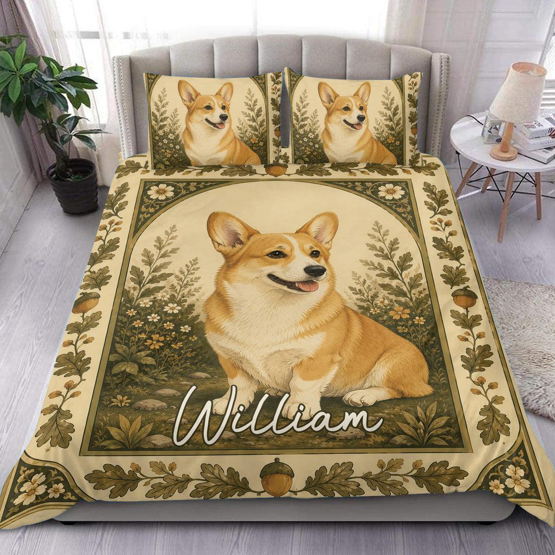 Corgi duvet cover set displayed on a bed with a vintage botanical border and warm woodland colors