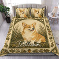 Corgi duvet cover set displayed on a bed with a vintage botanical border and warm woodland colors