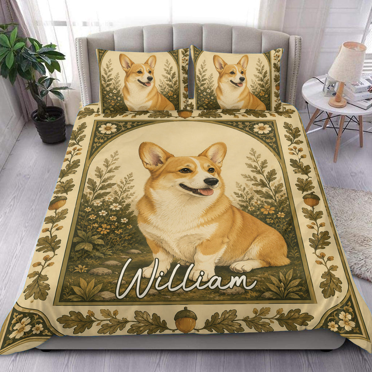 Corgi duvet cover set displayed on a bed with a vintage botanical border and warm woodland colors