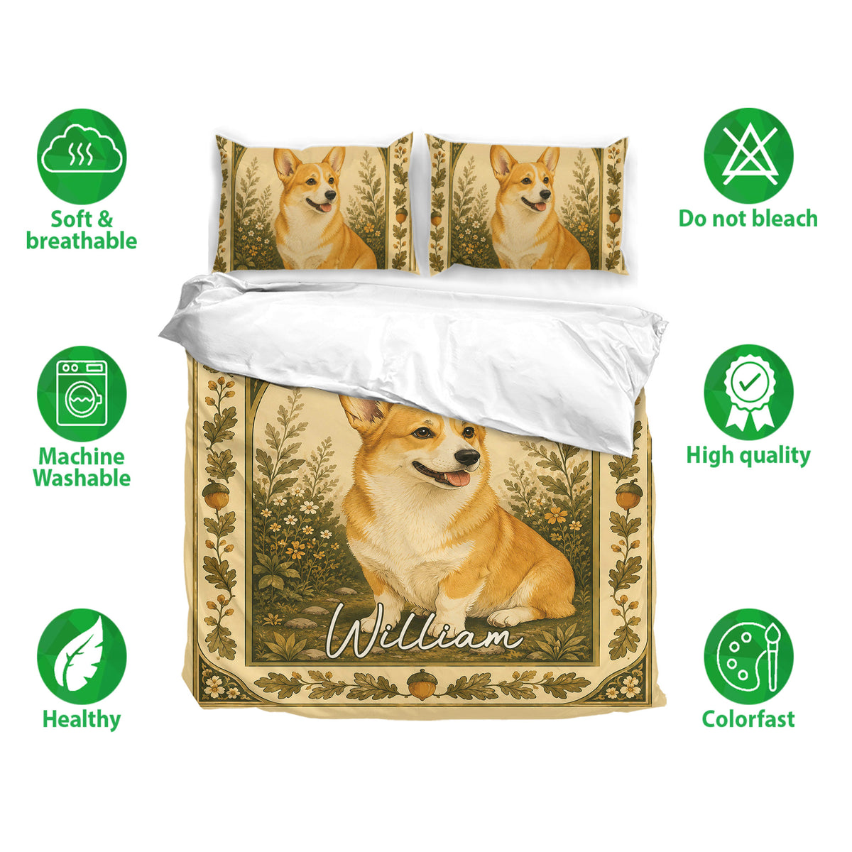 Corgi duvet cover bedding set shown with matching pillowcases and soft breathable bedding features