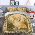 Corgi bedding set styled in a bedroom with botanical artwork, floral accents, and warm neutral tones