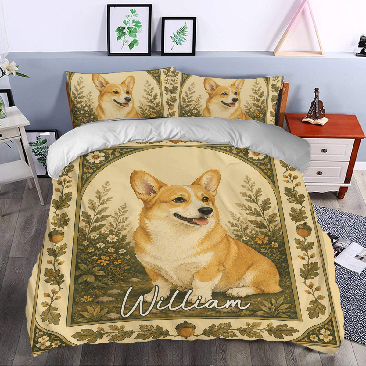 Corgi bedding set styled in a bedroom with botanical artwork, floral accents, and warm neutral tones