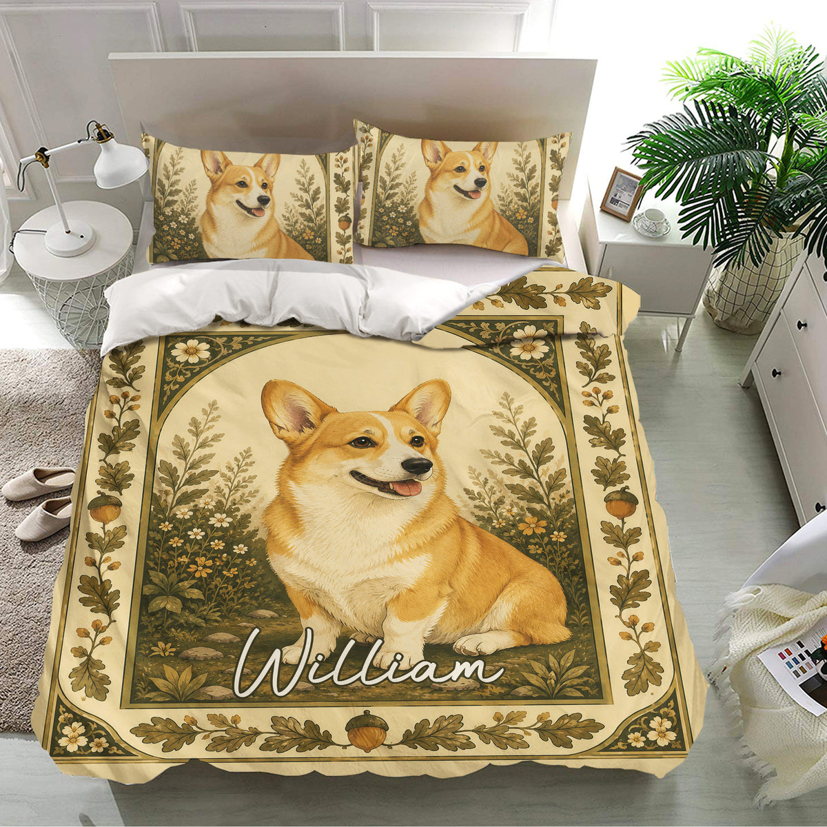 Corgi duvet cover set displayed in a bright bedroom with matching pillowcases and woodland floral artwork