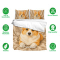 Corgi bedding set shown with matching pillowcases and soft breathable fabric feature icons