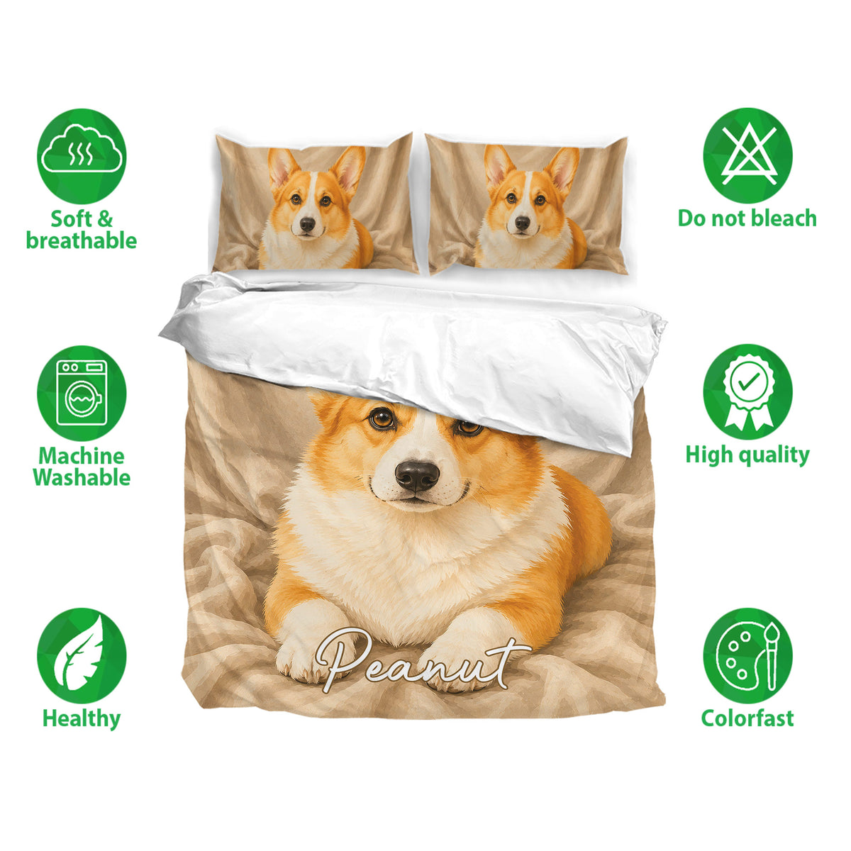 Corgi bedding set shown with matching pillowcases and soft breathable fabric feature icons
