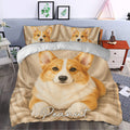 Corgi duvet cover set styled in a modern bedroom with tan artwork and a large dog portrait