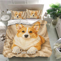 Corgi bedding set presented in a bright bedroom with matching pillowcases and warm neutral artwork
