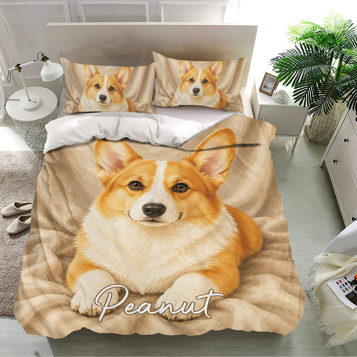 Corgi bedding set presented in a bright bedroom with matching pillowcases and warm neutral artwork