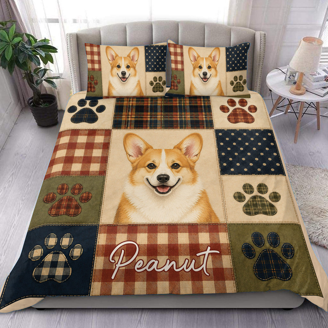 Corgi duvet cover set displayed on a bed with plaid paw prints and warm rustic patchwork colors
