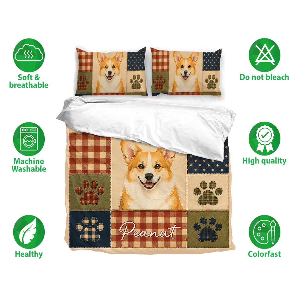 Corgi bedding set shown with matching printed pillowcases and a soft breathable fabric feature layout