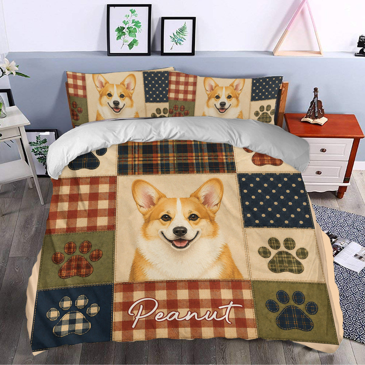 Corgi duvet cover styled in a bedroom with smiling dog artwork, paw prints, and rustic plaid panels