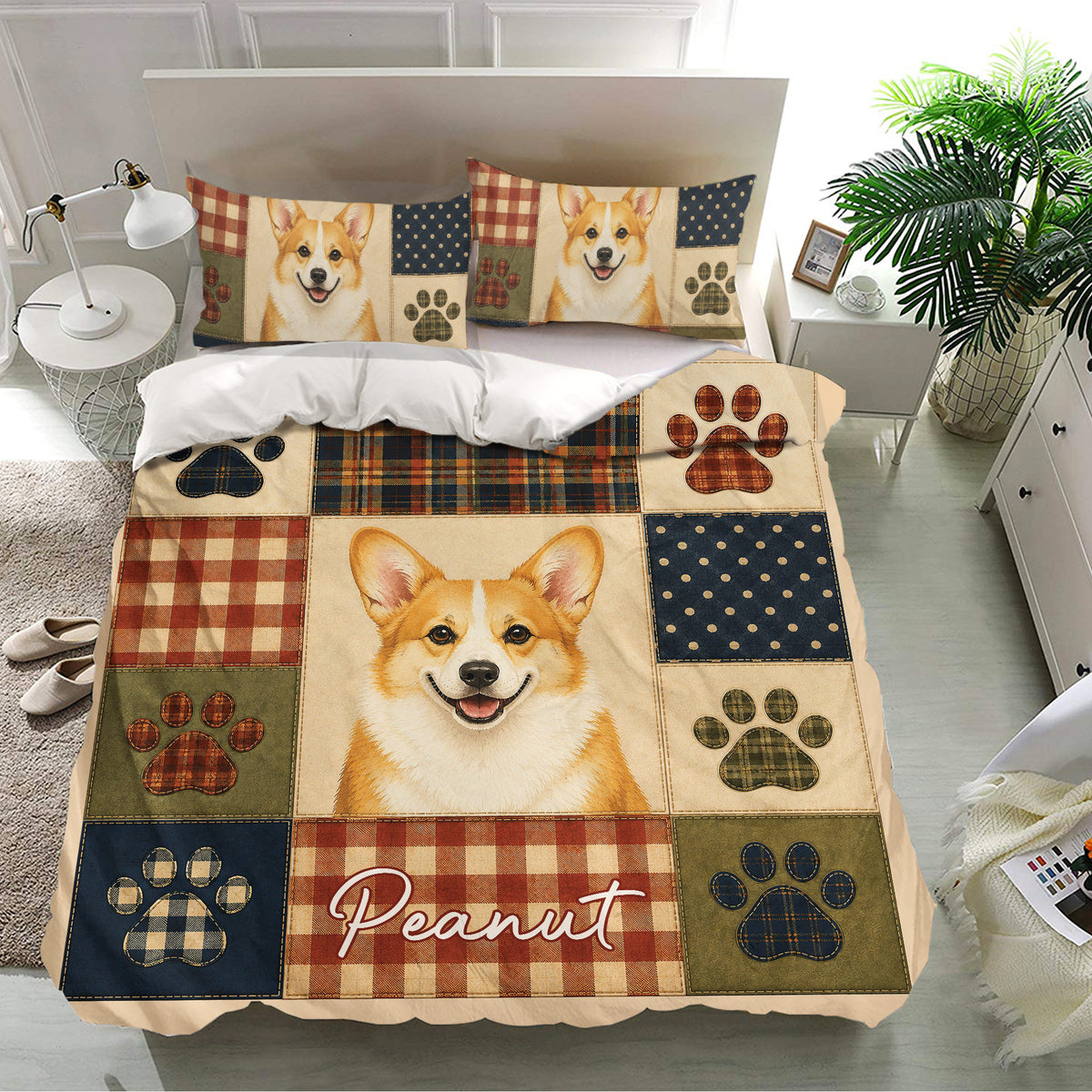 Corgi bedding set displayed in a bright bedroom with matching pillows and multicolor patchwork design
