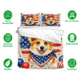 Patriotic corgi bedding set shown with matching pillowcases and soft breathable bedding features
