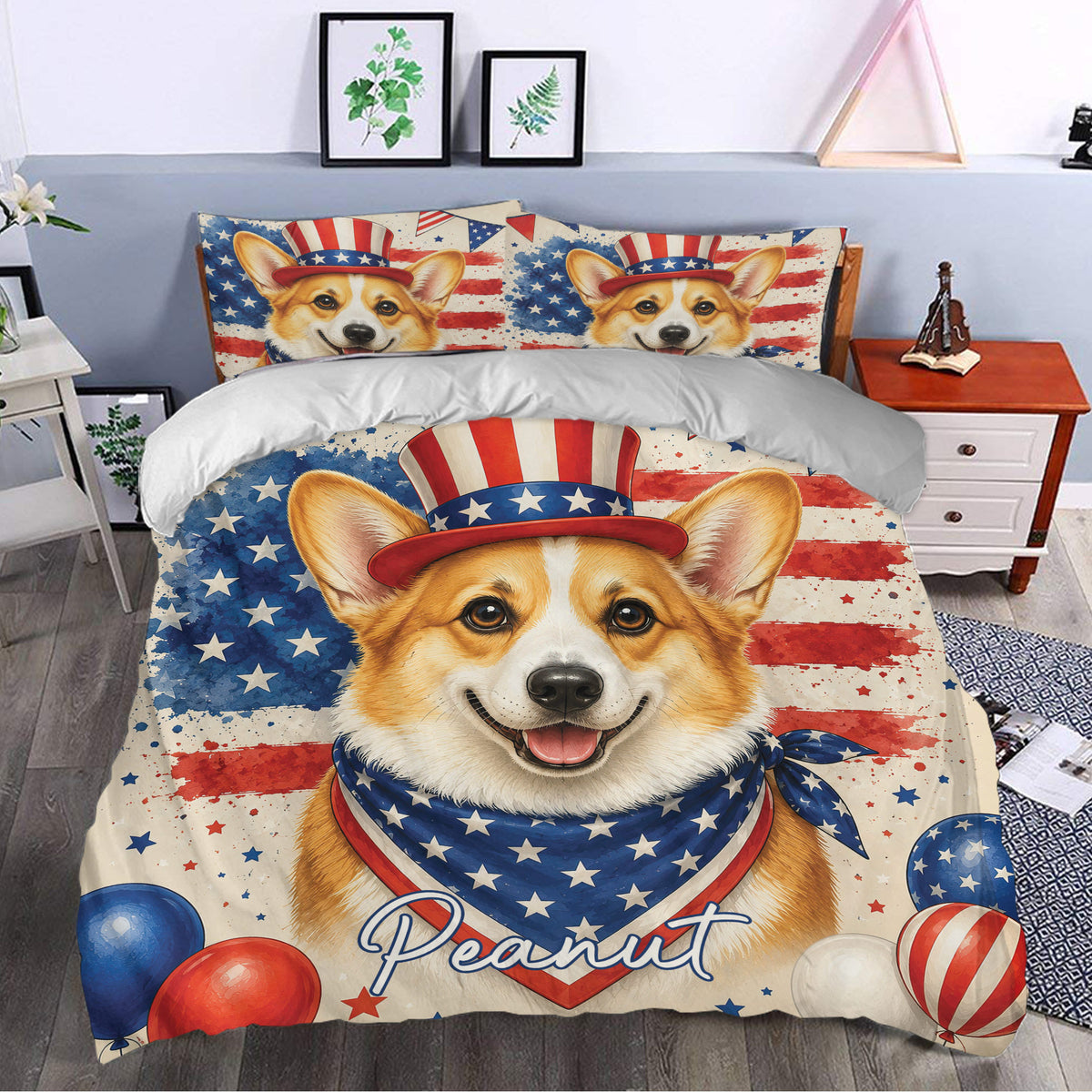 Patriotic corgi duvet cover styled in a bedroom with American flag colors, stars, stripes, and balloons