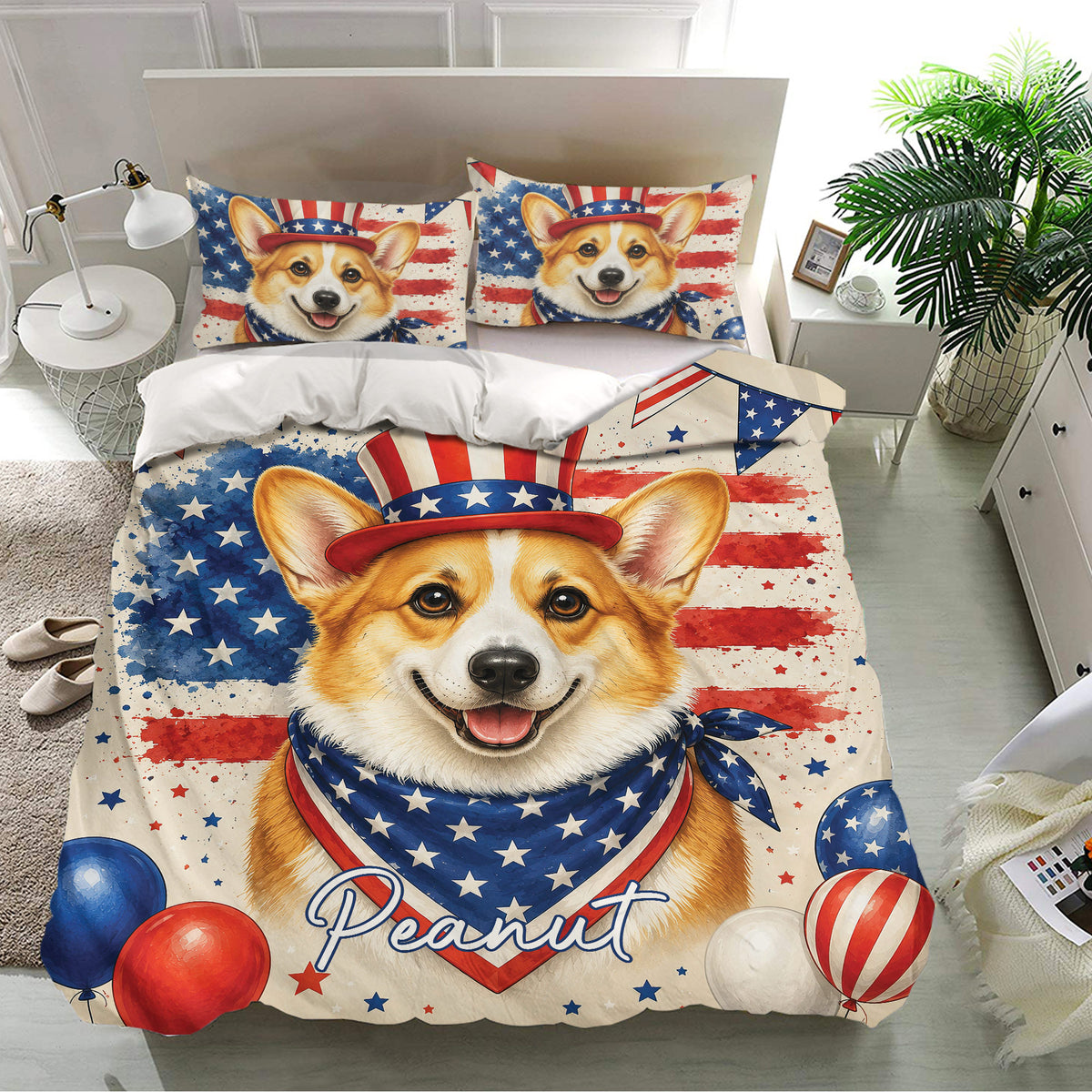 Corgi duvet cover bedding set displayed in a bright bedroom with matching patriotic pillowcases