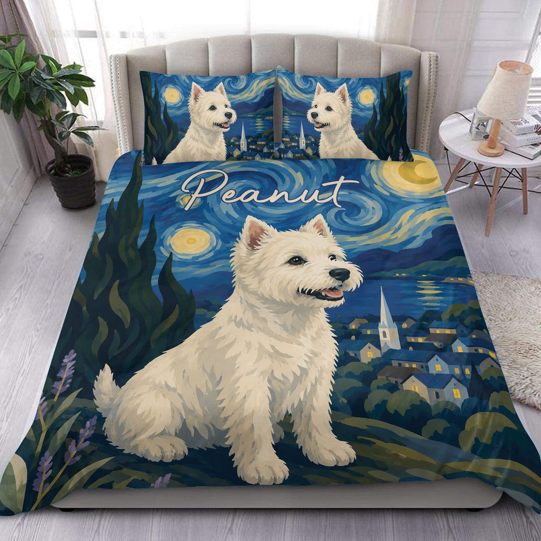 Westie duvet cover set displayed on a bed with blue night-sky artwork, village scenery, and bright moonlight