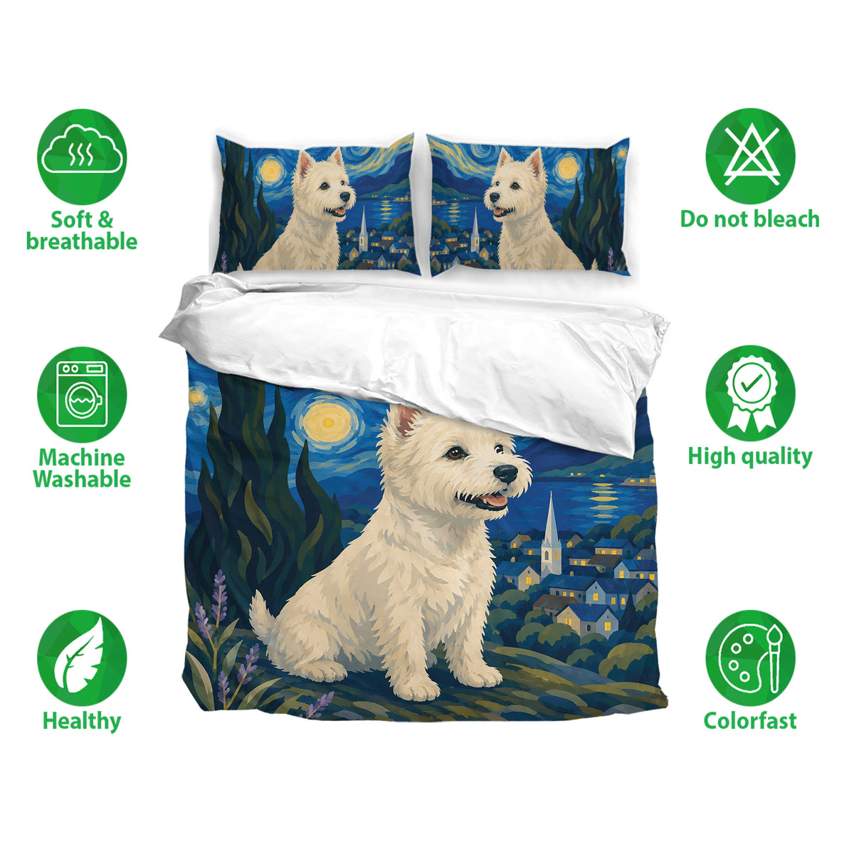 Westie bedding set with matching pillowcases, colorful night village artwork, and soft breathable fabric details