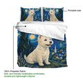 Westie duvet cover set showing a large white terrier, printed side, and 100% polyester fabric detail