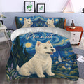 Westie bedding styled in a bedroom with blue artistic swirls, moonlit scenery, and a large white terrier