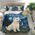Westie duvet cover bedding set presented in a bright bedroom with matching dog artwork and deep blue tones