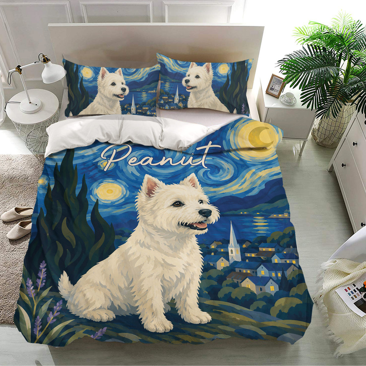 Westie duvet cover bedding set presented in a bright bedroom with matching dog artwork and deep blue tones