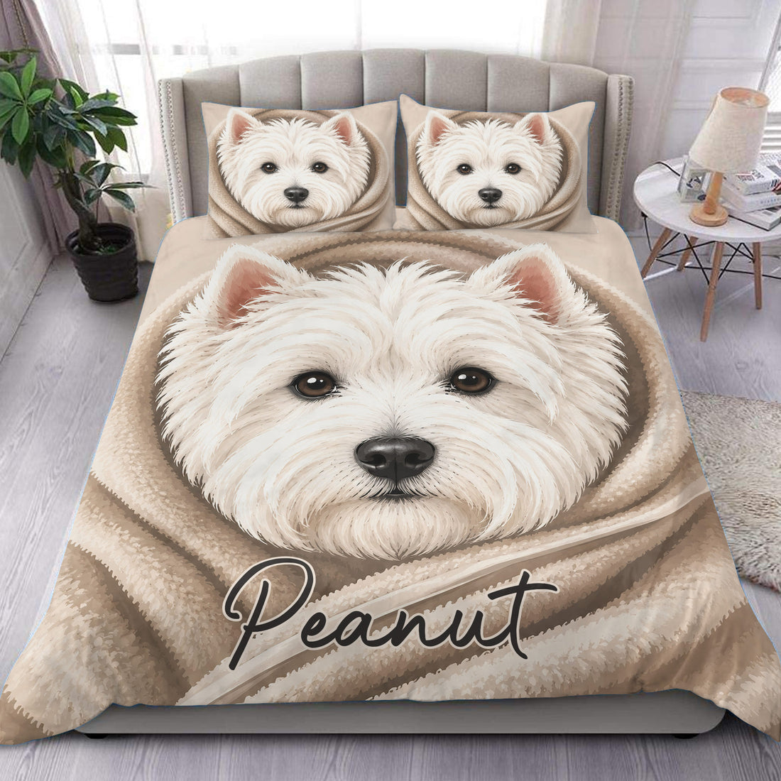 Westie duvet cover set displayed on a modern bed with a large white terrier portrait in warm beige tones