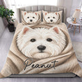 Westie duvet cover set displayed on a modern bed with a large white terrier portrait in warm beige tones