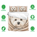 Westie duvet cover set featuring a white terrier portrait with soft breathable fabric and care feature icons
