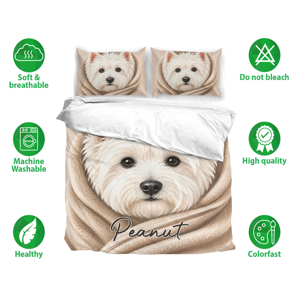 Westie duvet cover set featuring a white terrier portrait with soft breathable fabric and care feature icons