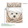 Westie duvet cover set product view showing the printed side and large white terrier artwork on beige fabric