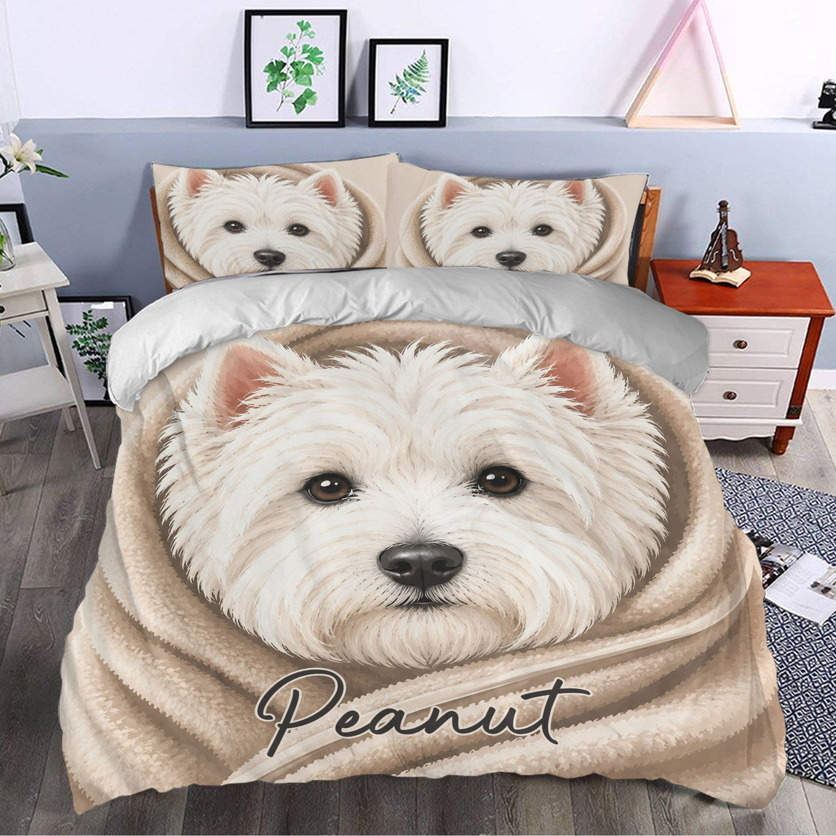 Westie bedding set styled in a bedroom with a close-up white terrier portrait and warm neutral decor